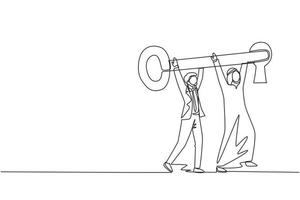 Continuous one line drawing two Arab male figures wearing traditional clothing while lifting, inserting huge key to keyhole. Business movement forwards. Single line draw design vector illustration