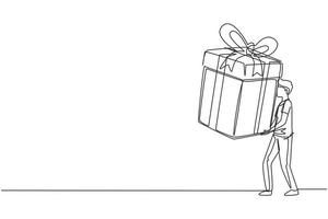 Single one line drawing happy man carrying a big present box. The creative idea of earning a reward, gift, or prize. Concept of celebration. Continuous line draw design graphic vector illustration