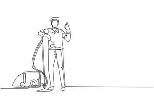 Single continuous line drawing worker of cleaning service. Man dressed in uniform with vacuum cleaner. Washing and cleaning service. Disinfection and cleaning. One line draw design vector illustration