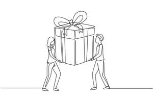 Single continuous line drawing happy couple man and woman are carrying a huge gift box. Big bonus or special offer. Happy birthday present. Dynamic one line draw graphic design vector illustration