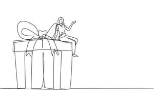 Single continuous line drawing businesswoman sitting on big gift box. Big present concept. Female sitting on big box with present. Happy person gets huge gift. One line draw design vector illustration