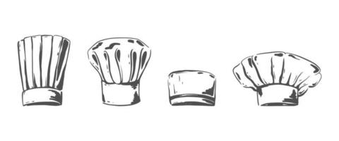 Different chef hats sketch. Baker or cooker cap, kitchener headdress. Uniform Costume Wear Element. Vector isolated hand drawn.