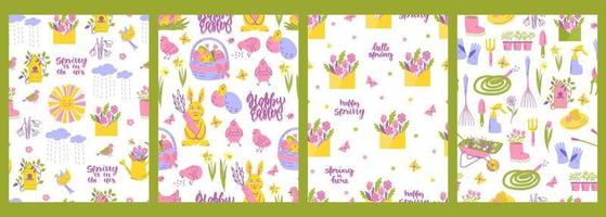 Set of spring Easter seamless patterns. Suitable for printing on paper and fabric. Vector illustration.