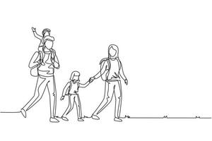 Continuous one line drawing hiking family with two children. Group of people with backpacks on mountain landscape. Mom, dad, son and daughter. Family time. Single line draw design vector illustration