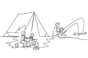 Single one line drawing happy family camping. Mother roasting fish with daughter. Father catching fish with son. Summer camper travel vacation concept. Continuous line draw design vector illustration