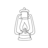 Single continuous line drawing vintage camping lantern on white background. Retro gas lamp with glowing fire wick. Handle gas lamps for tourist hiking. One line draw graphic design vector illustration