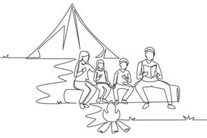 Continuous one line drawing happy family at summer camping spending time together. Dad reading books near campfire. Mom, son, daughter listen the story. Single line draw design vector illustration