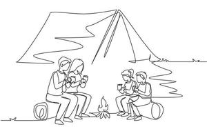 Single continuous line drawing happy family camping with campfire at night. Drinking tea sitting on logs in forest. Father, mother and children hiking concept. One line draw design vector illustration