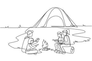 Single one line drawing happy camping or hiking family warm their bodies around campfire tents. Dad and son sitting on ground, mom and daughter on logs. Continuous line draw design vector illustration