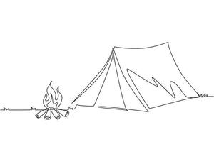 Single continuous line drawing family adventure camping evening scene. Tent, nature, campfire, pine forest and rocky mountain, starry night sky with moonlight. One line draw design vector illustration