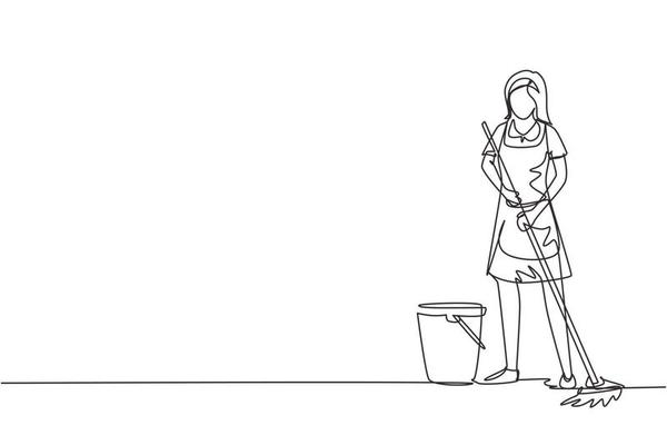 Single continuous line drawing cleaning company staff to