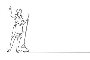 Single one line drawing smiling female cleaning company staff member holding broom and showing thumbs up gesture. Happy cleaning. Cleaning company. Continuous line draw design vector illustration