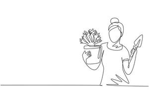 Single continuous line drawing young woman gardener. Beautiful lady farmer holding little shovel and plant in pot. Gardener takes care of home garden. One line draw graphic design vector illustration