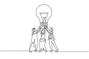 Single continuous line drawing group Arabian people hold huge lamp new idea. Success in business rely on teamwork, good planning, finding creative solution. One line draw design vector illustration