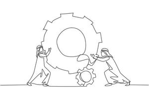 Single continuous line drawing two Arab businessmen help each other pushing big cog. People push gear, team of worker tech holding gear collaboration solution. One line draw design vector illustration