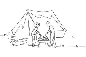 Single one line drawing happy couple are having barbecue in the mountain. Man woman camping in forest, active recreation, romantic date out of town. Continuous line draw design vector illustration