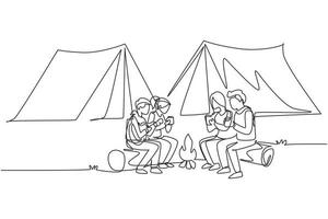 Continuous one line drawing two pair man and woman getting warm near bonfire. Group of people camping drinking tea sitting on logs and man playing guitar. Single line draw design vector illustration