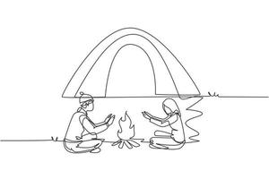 Single continuous line drawing traveling couple active recreation camping around campfire tents. Man and woman warm their hands near bonfire. Dynamic one line draw graphic design vector illustration