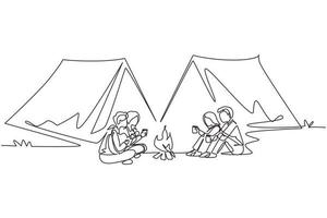 Single one line drawing two couple camping around campfire tents. Group of people sitting on ground, drinking hot tea, man playing guitar, getting warm near bonfire. Continuous line draw design vector