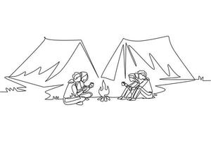 Continuous one line drawing two couple camping around campfire tents. Group of man woman sitting on ground and drinking hot tea getting warm near bonfire. Single line draw design vector illustration