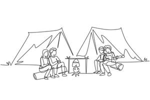 Single one line drawing two pair man woman hikers sitting on log cooking water in boiling pot. Guy playing guitar and sing with friends at campfire near camp tent. Continuous line draw design vector