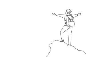 Single continuous line drawing climber woman stands with arms outstretched on top of mountain. Winner motivational concept. Tourist with backpack. Traveler in summer rocks. One line draw design vector