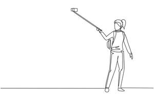 Continuous one line drawing woman with backpack on shoulders. Young girl making photo using selfie stick and smartphone. Summer activity at nature. Single line draw design vector graphic illustration