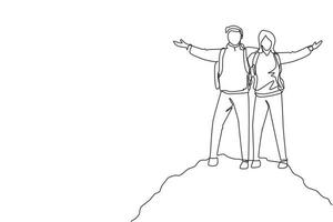 Single continuous line drawing climber man woman stands with arms outstretched on top of mountains. Couple raised they hands up in joy. Achieving success. One line draw design vector illustration