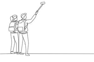 Continuous one line drawing couple man woman hikers with backpacks takes selfie in mountains while recording video using his smartphone. Travel blogger. Single line draw design vector illustration