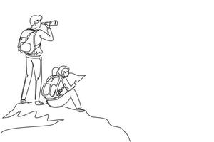 Continuous one line drawing couple hikers man woman with backpacks, binocular, and hiking gear reading route map. Looking for direction, checking location. Single line draw design vector illustration