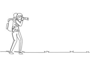 Single one line drawing female photographer standing and taking photo using camera, tourist with backpack. Photographer with her telephoto lens. Continuous line draw design graphic vector illustration