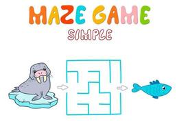 Simple Maze puzzle game for children. Color simple maze or labyrinth game with walrus. vector