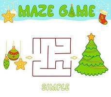 juego de rompecabezas de laberinto navideño para niños. simple juego de laberinto o laberinto con árbol de navidad y decoraciones. vector