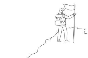 Single continuous line drawing cheerful man climber standing on the top of mountain with flag. Young smiling mountaineer climbing on a rock. Dynamic one line draw graphic design vector illustration