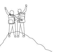 Continuous one line drawing romantic couple hikers with raised hands in a mountain valley at sunrise. Travel, tourism, hike and adventure concept. Single line draw design vector graphic illustration