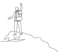 Single continuous line drawing cheerful man rising hands after climbing a peak of mountain. Concept of happy success achieving goals theme. Dynamic one line draw graphic design vector illustration