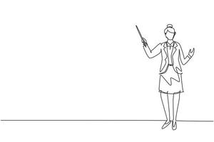 Single continuous line drawing school woman teacher standing with pointer. Lecturer, instructor, businesswoman for educational concepts, courses, trainings. One line draw design vector illustration