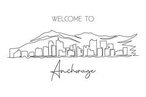 Single one line drawing Anchorage city skyline, Alaska. Famous city for wall decor print. Best holiday world travel destination. Editable stroke continuous line draw design graphic vector illustration