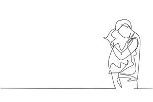 Single continuous line drawing tired male hugs pillow. Young man stands with his eyes closed and is about to go to bed. Theme of recreation and health. One line draw graphic design vector illustration