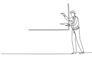 Single continuous line drawing business man teacher standing in front of the white board, holding book and writing business plan strategy and tactics theory. One line draw design vector illustration