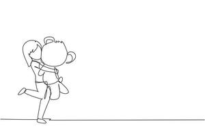 Single one line drawing portrait of expressive little girl hugging her plush bear friend. Little girl playing with teddy bear. Childhood, toys. Continuous line draw design graphic vector illustration