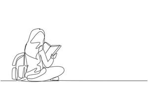 Single continuous line drawing education. Back view woman sitting on floor reading book. College student prepare to exam, back to school gaining knowledge. One line draw design vector illustration