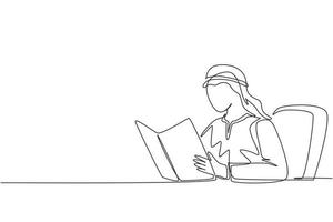 Single continuous line drawing Arab student sitting at table, holding book in hands. Student reading book in library. Student reading book, preparing for exam. One line draw design vector illustration