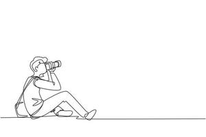 Single one line drawing photographer of paparazzi taking photo with modern digital camera with angles. Journalist or reporter making pictures. Continuous line draw design graphic vector illustration