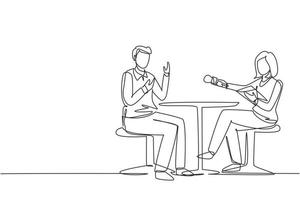 Continuous one line drawing TV presenter woman interviewing celebrity men in television studio shooting interview. Show host, guest talking. TV interview. Single line draw design vector illustration