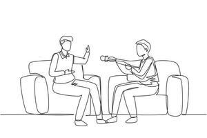 Single one line drawing Interview with famous person. Television or internet broadcast where a journalist talks to a celebrity. Journalist, interviewer. Continuous line draw design vector illustration