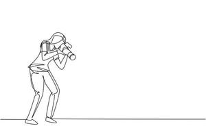 Single continuous line drawing funny professional woman photographer with camera taking photo with pose. Photographer female character with camera digital. One line draw design vector illustration