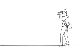 Single continuous line drawing photographer holding photo camera and photographing. Creative profession or occupation. Happy male take photo shot. One line draw graphic design vector illustration