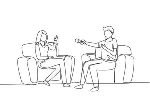 Continuous one line drawing journalistic interview. Coworker, colleagues small talk, conversation. Journalist, interviewer with businesswoman communicating. Single line draw design vector illustration