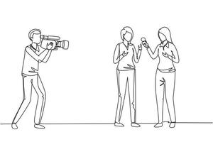 Single one line drawing woman journalist with microphone, interview man in front of camera at tv studio. Reporter, cameraman broadcast breaking news at live stream. Continuous line draw design vector